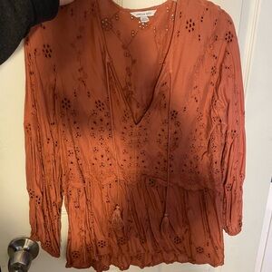 Anthropologie Orange Embroidered Women's Top